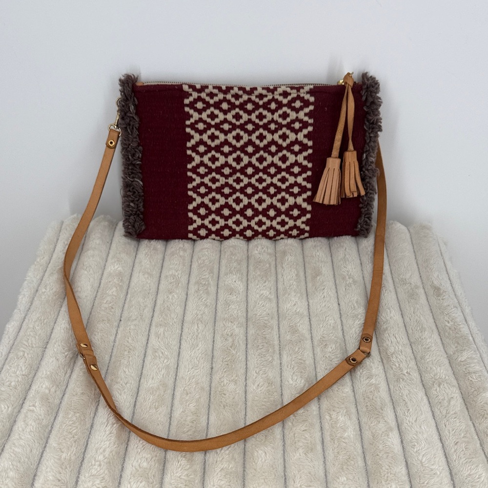 Handmade Textile Tan and Burgundy Shoulder Bag with leather strap